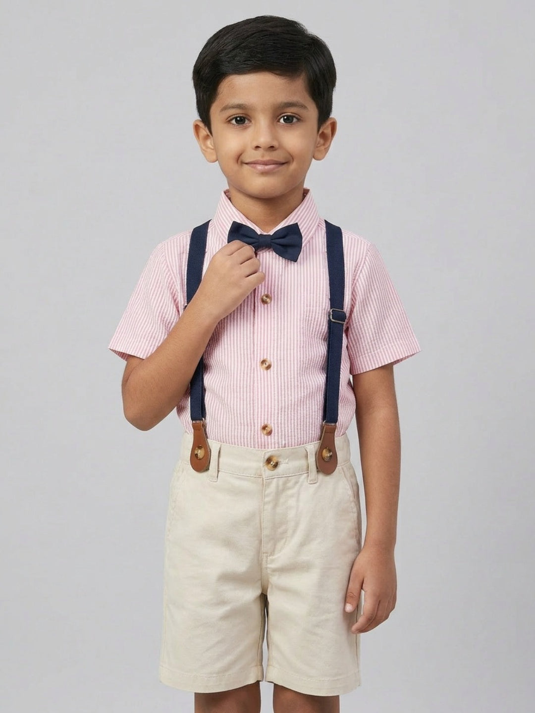 Biglilpeople Boys Pink Shirt with Classic Bow Tie & Beige Shorts with Suspenders