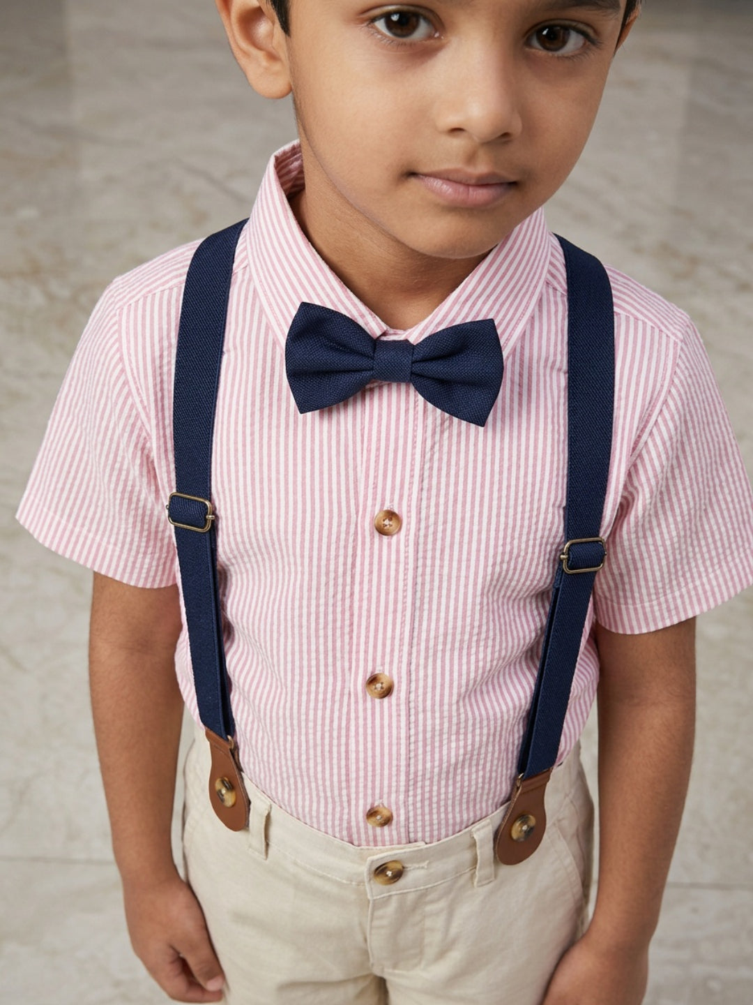 Biglilpeople Boys Pink Shirt with Classic Bow Tie & Beige Shorts with Suspenders