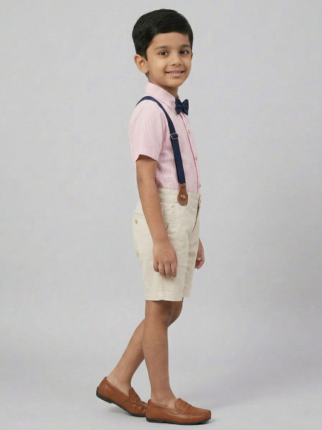 Biglilpeople Boys Pink Shirt with Classic Bow Tie & Beige Shorts with Suspenders