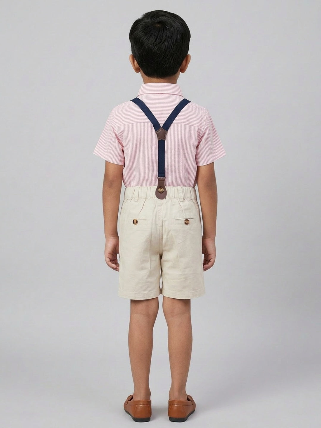 Biglilpeople Boys Pink Shirt with Classic Bow Tie & Beige Shorts with Suspenders