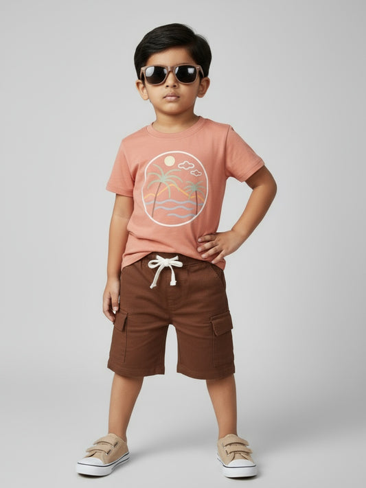 Biglilpeople Boys Graphic Print T-Shirt and Cargo Shorts Set with Sunglasses