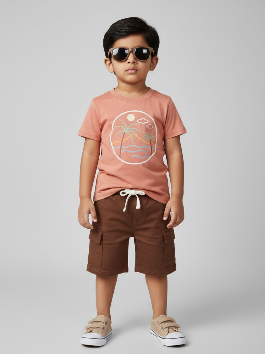 Biglilpeople Boys Graphic Print T-Shirt and Cargo Shorts Set with Sunglasses