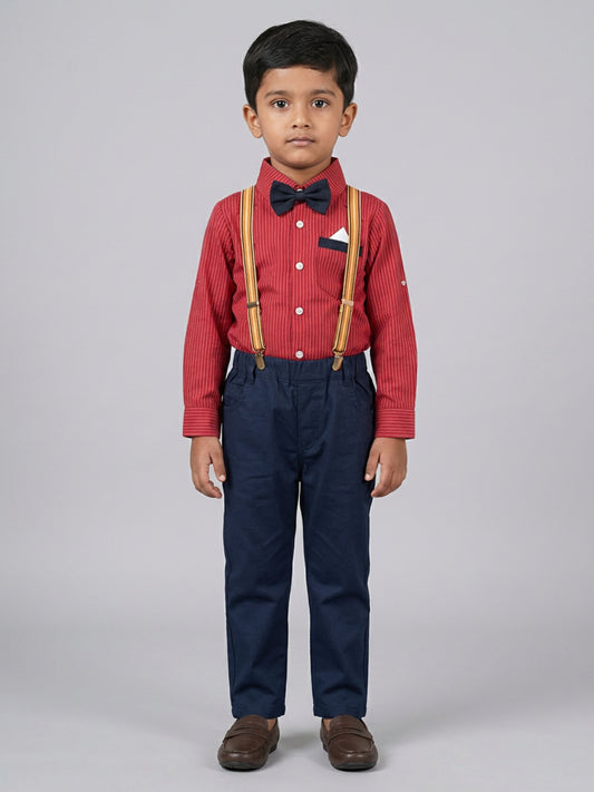 Biglilpeople Boys Red Shirt with Classic Bow Tie & Blue Pant with Suspenders