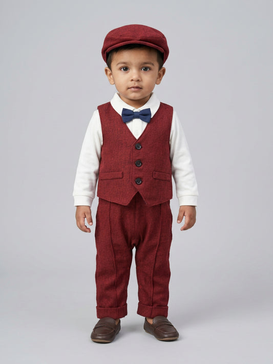 बिग्लिलपीपल लड़कों का 4-पीस रेड सूट सेट: वेस्टकोट के साथ शर्ट, सस्पेंडर्स पैंट, कैप और क्लासिक बो