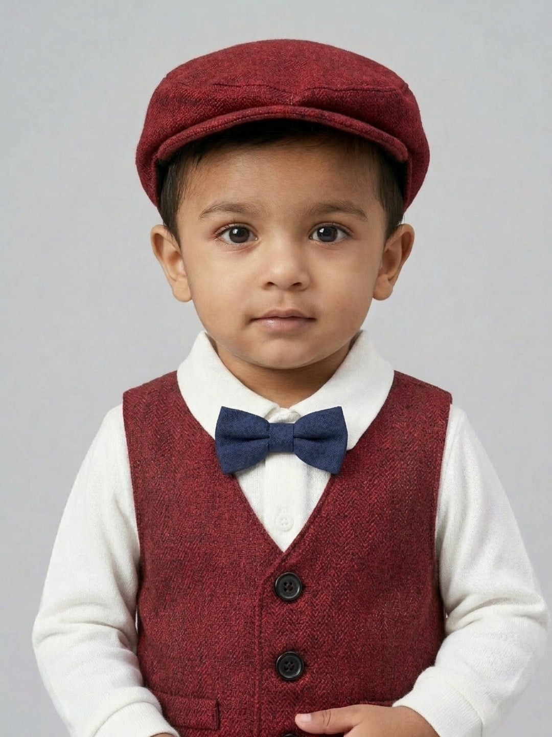 बिग्लिलपीपल लड़कों का 4-पीस रेड सूट सेट: वेस्टकोट के साथ शर्ट, सस्पेंडर्स पैंट, कैप और क्लासिक बो