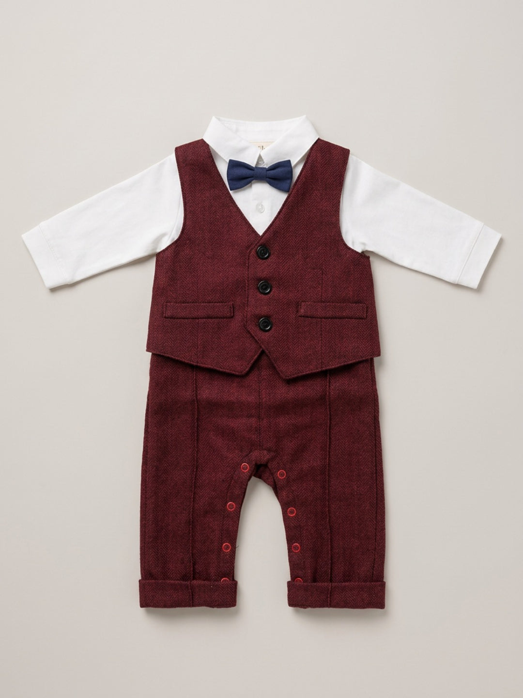 बिग्लिलपीपल लड़कों का 4-पीस रेड सूट सेट: वेस्टकोट के साथ शर्ट, सस्पेंडर्स पैंट, कैप और क्लासिक बो