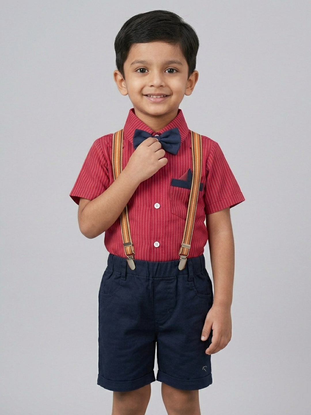 Biglilpeople Boys Red Shirt with Classic Bow Tie & Shorts with Suspenders