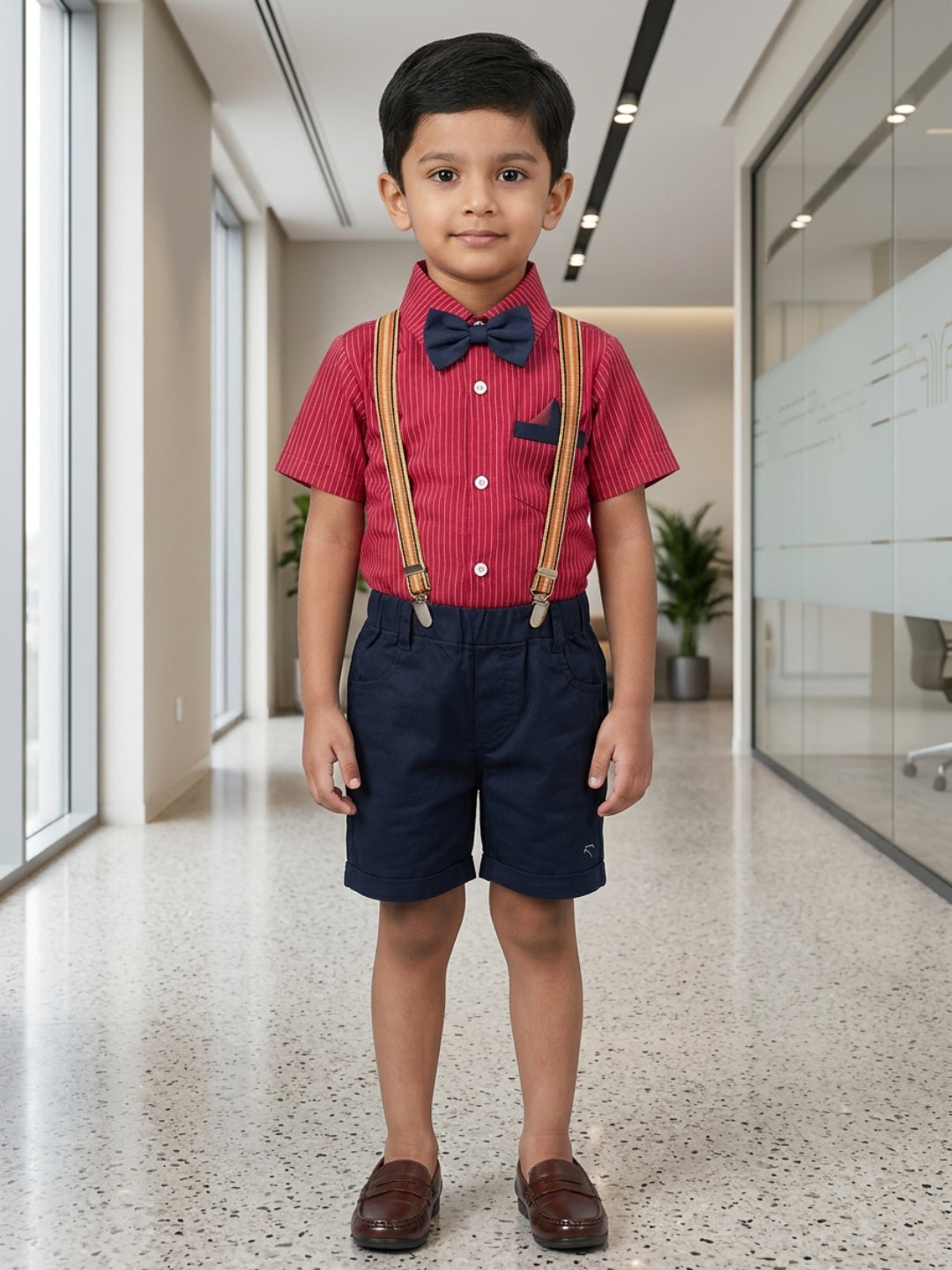 Biglilpeople Boys Red Shirt with Classic Bow Tie & Shorts with Suspenders