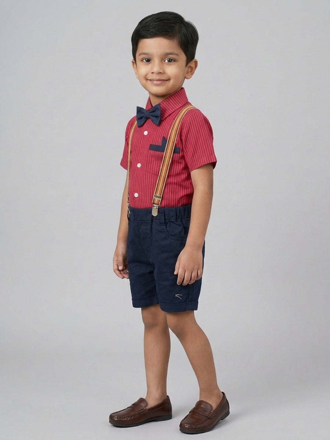 Biglilpeople Boys Red Shirt with Classic Bow Tie & Shorts with Suspenders