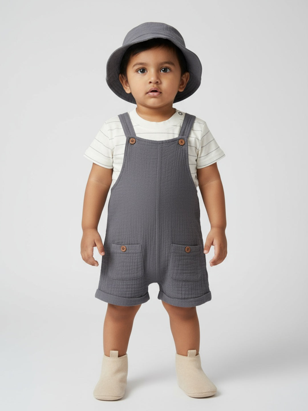 Biglilpeople Boys Solid Dungaree and T-Shirt Set with Hat