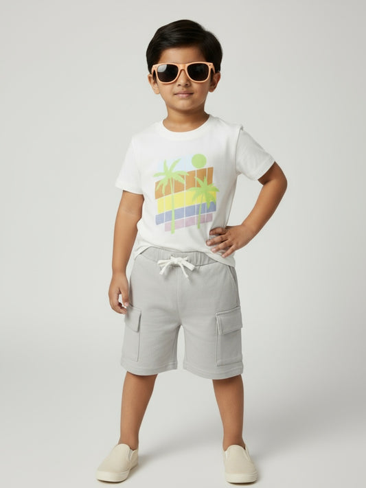 Biglilpeople Boys Graphic Print T-Shirt and Cargo Shorts Set with Sunglasses