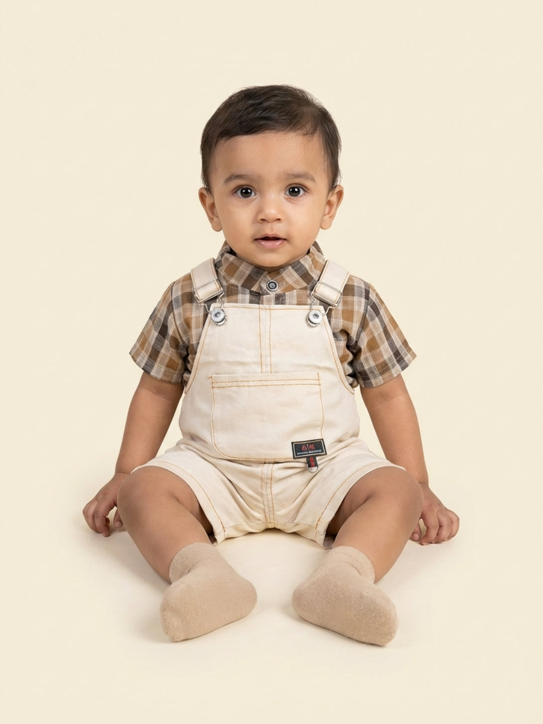 Biglilpeople Boys Beige Square Neck Sleeveless Dungaree