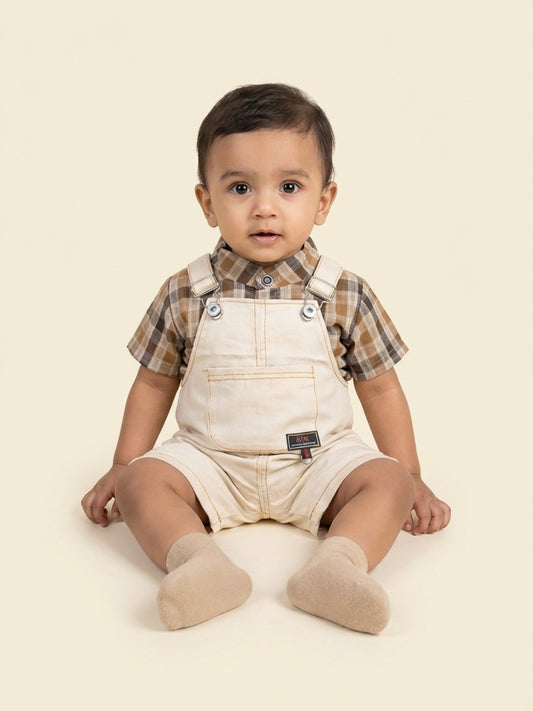 Biglilpeople Boys Beige Square Neck Sleeveless Dungaree