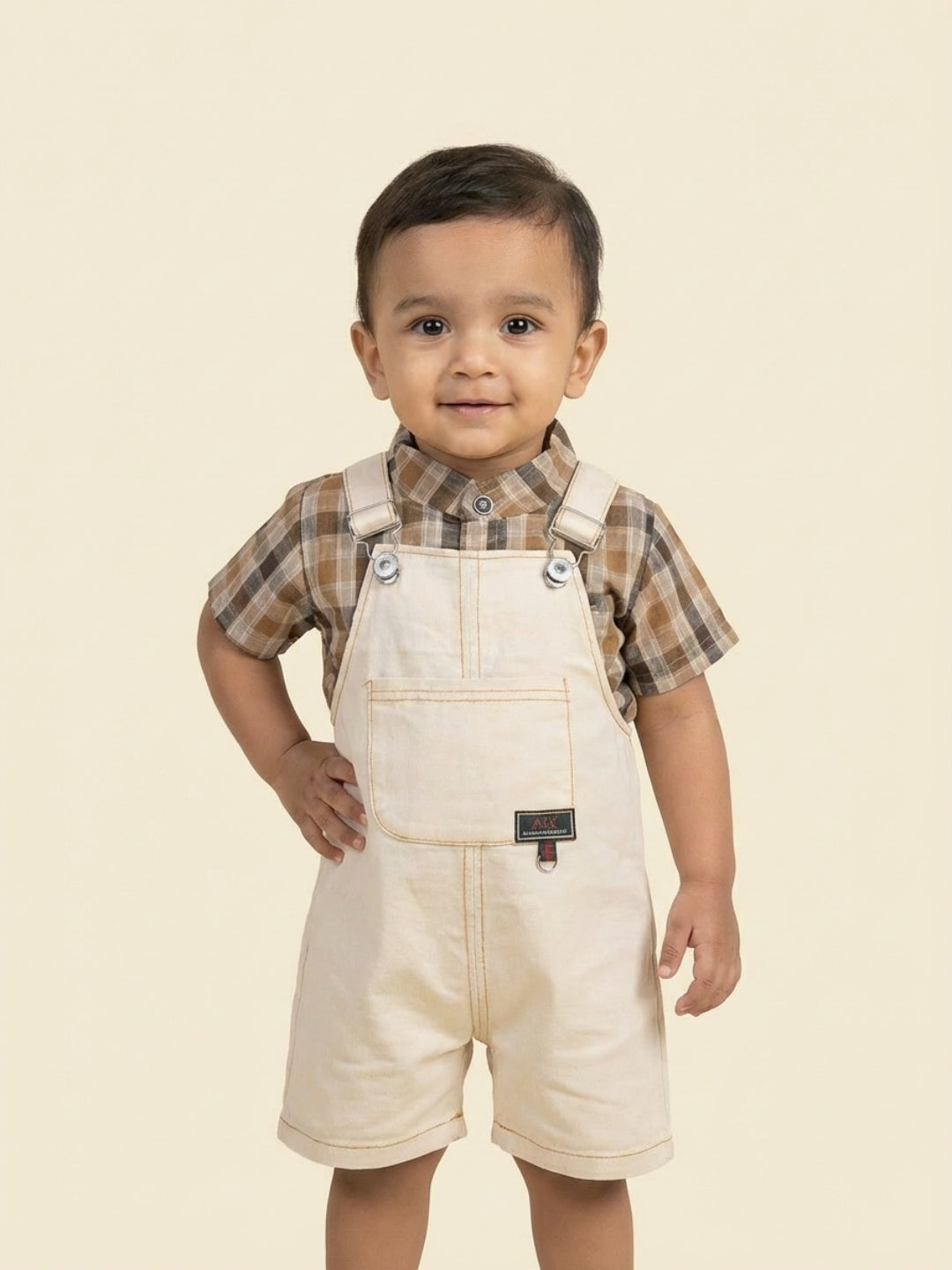 Biglilpeople Boys Beige Square Neck Sleeveless Dungaree