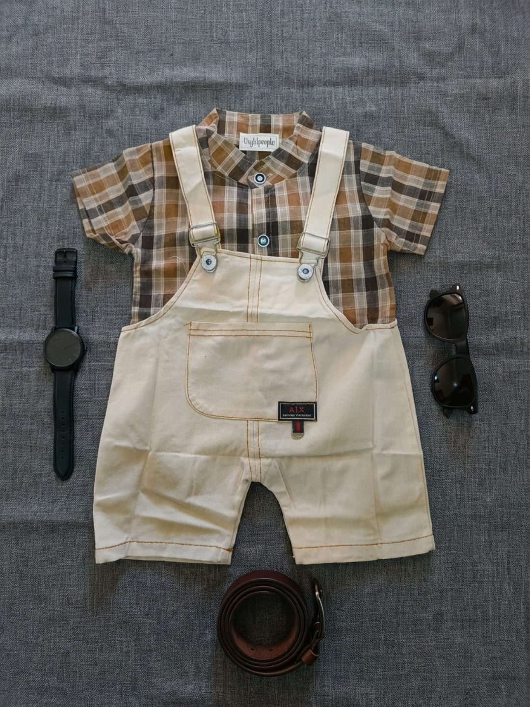 Biglilpeople Boys Beige Square Neck Sleeveless Dungaree