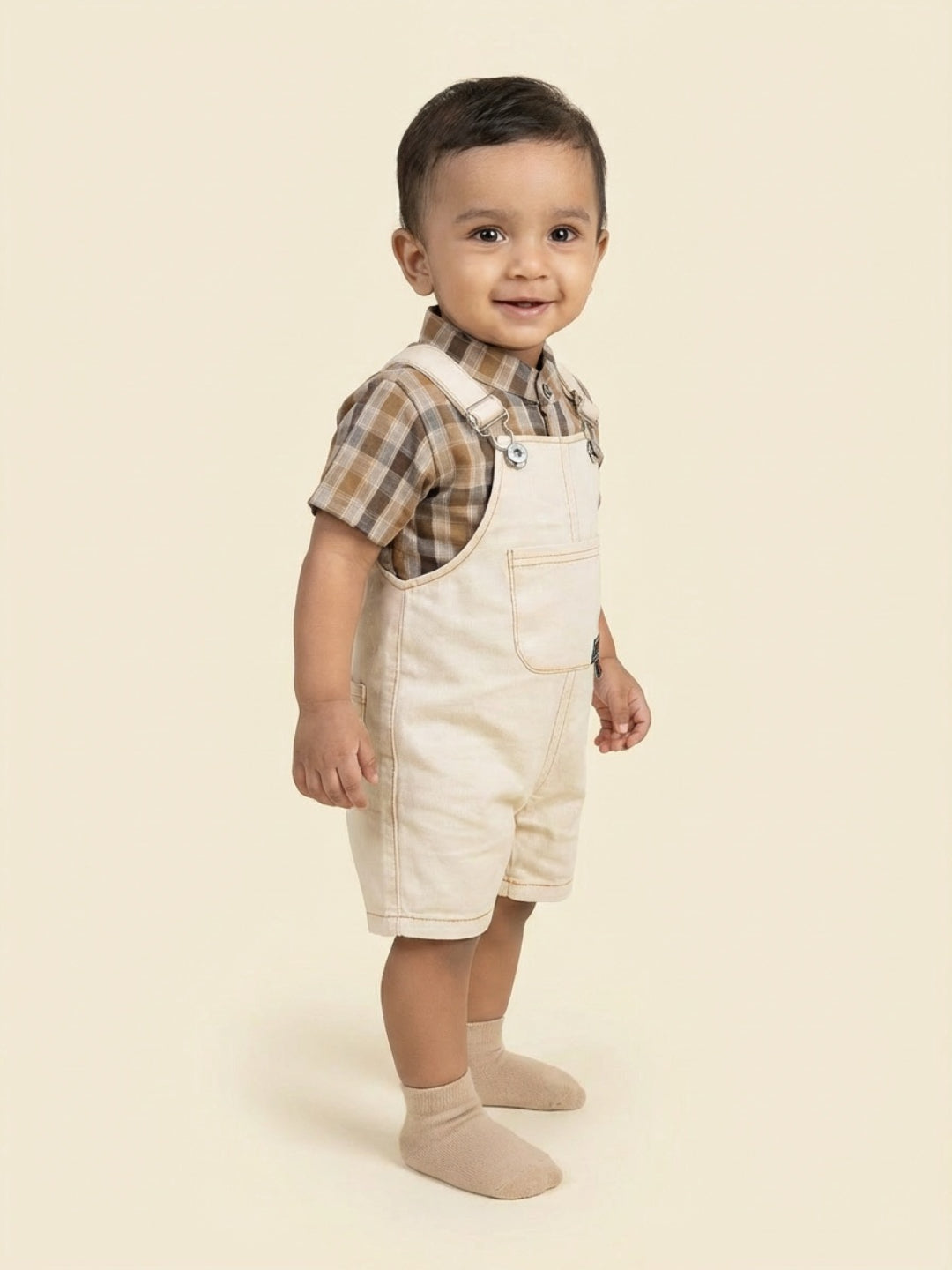 Biglilpeople Boys Beige Square Neck Sleeveless Dungaree