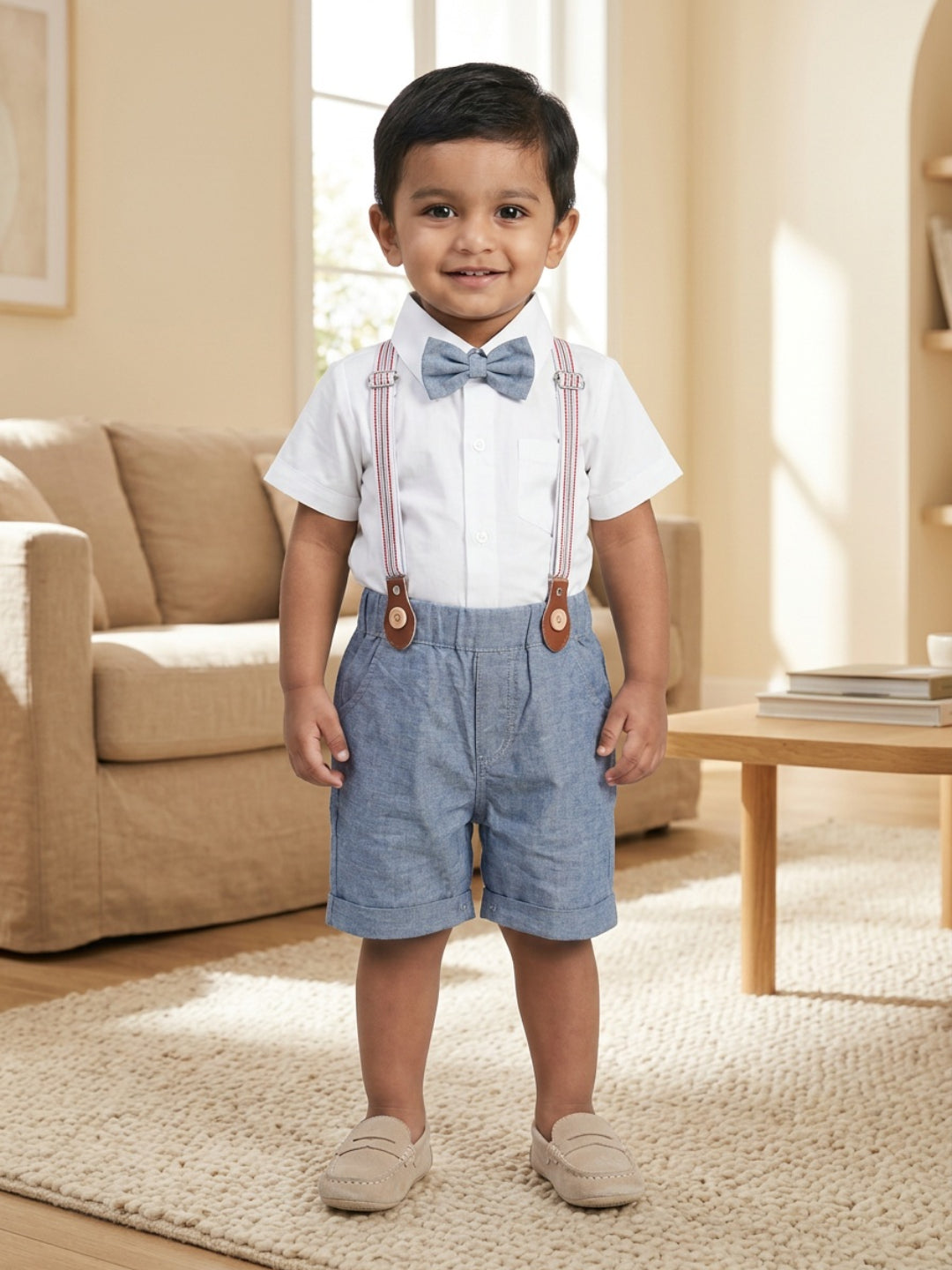 Camisa blanca de niño Biglilpeople con pajarita clásica y pantalones cortos azules con tirantes