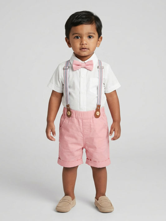 Biglilpeople Infant Boys White Shirt with Classic Bow Tie & Pink Shorts with Suspenders