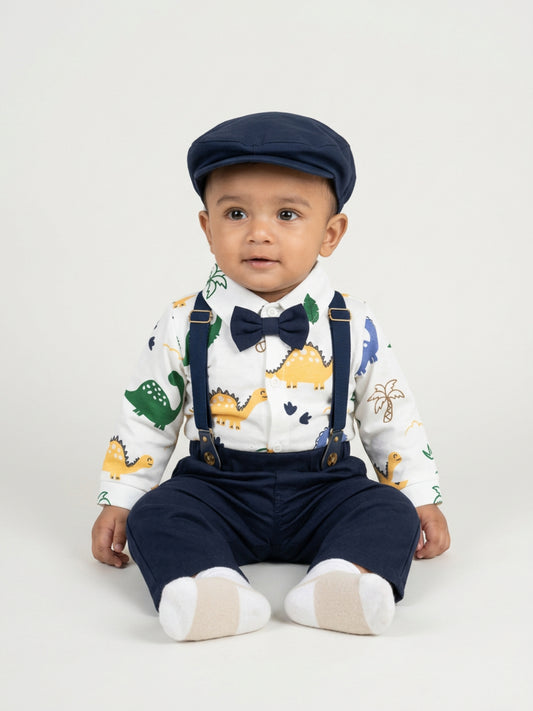 Biglilpeople Infant Boys White Printed Shirt with Classic Bow Tie, Blue Pant with Suspenders & Hat