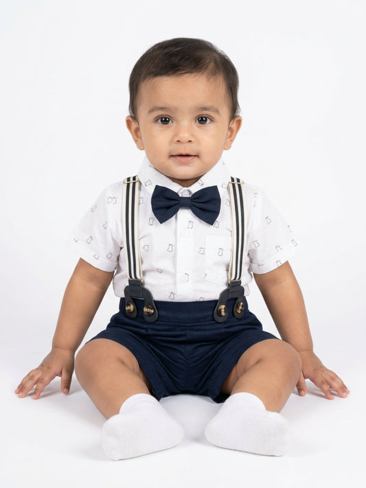 Biglilpeople Infant Boys White Shirt with Classic Bow Tie & Navy Blue Shorts with Suspenders