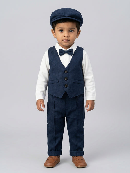 बिग्लिलपीपल लड़कों का 4-पीस सूट सेट: वास्कट के साथ शर्ट, सस्पेंडर्स पैंट, कैप और क्लासिक बो
