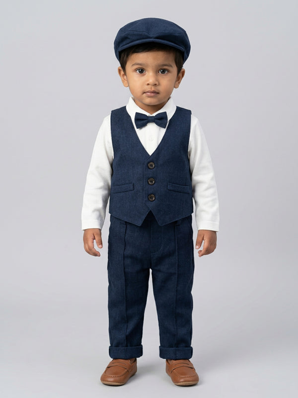Biglilpeople Boys 4-Piece Suit Set: Shirt with Waistcoat, Suspenders Pant, Cap & Classic Bow