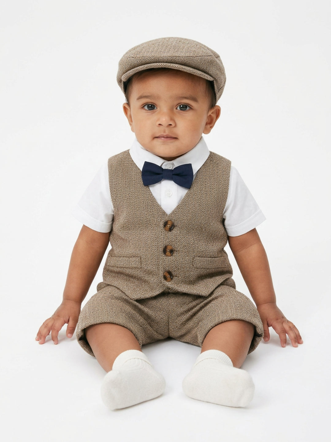 Conjunto de traje para bebé niño Biglilpeople: camisa con chaleco, pantalón con tirantes, gorra y pajarita clásica