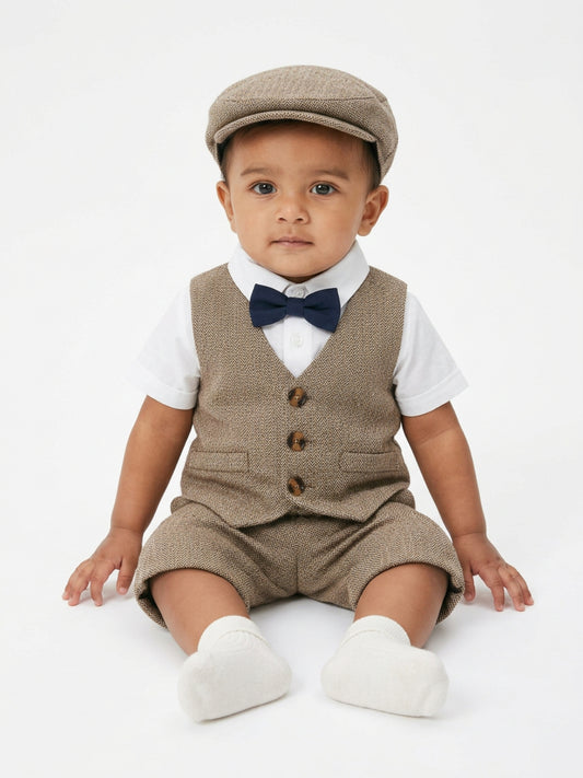 Biglilpeople Infant Boys Suit Set: Shirt with Waistcoat, Suspenders Pant, Cap & Classic Bow