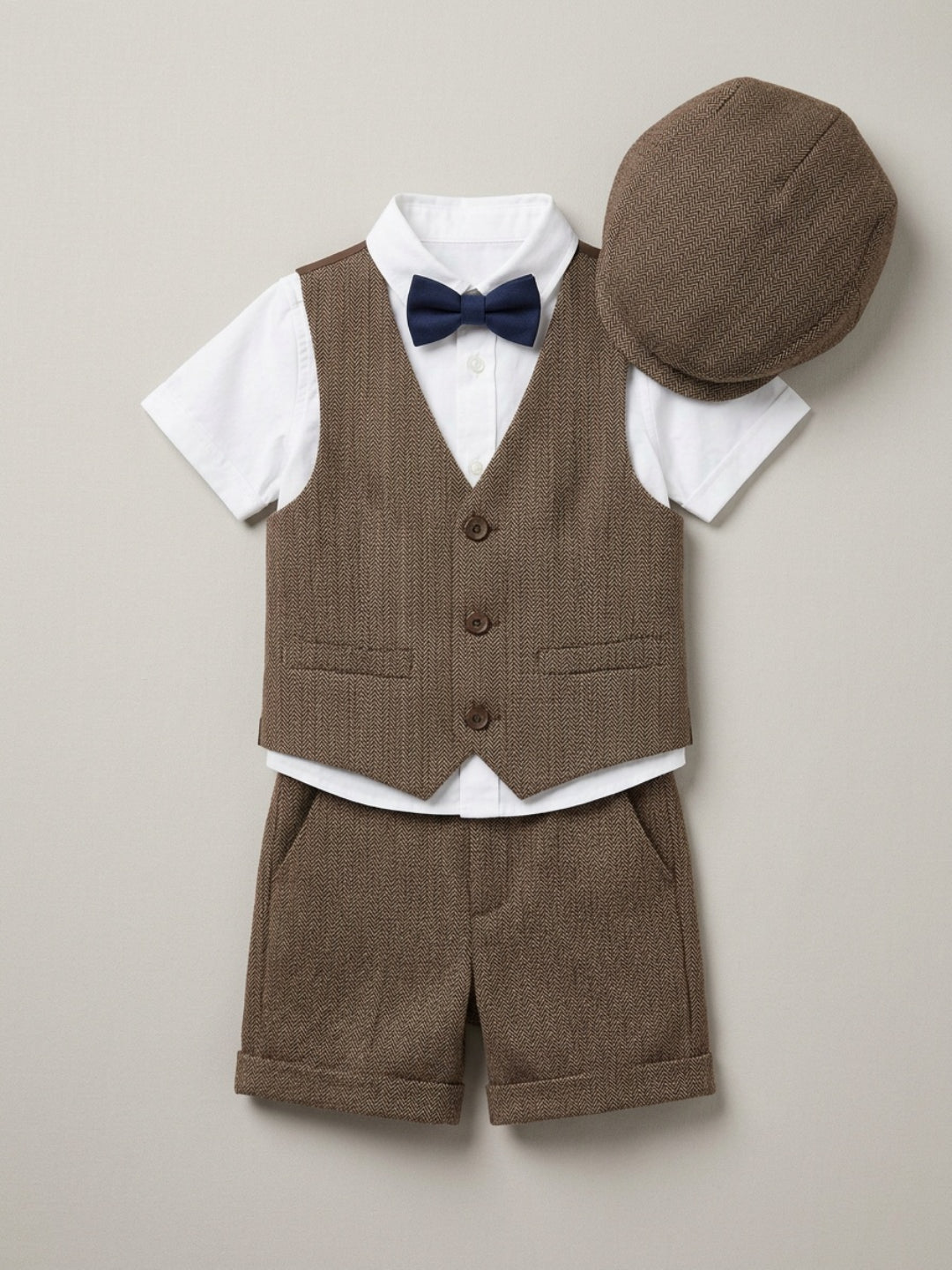 Conjunto de traje para bebé niño Biglilpeople: camisa con chaleco, pantalón con tirantes, gorra y pajarita clásica