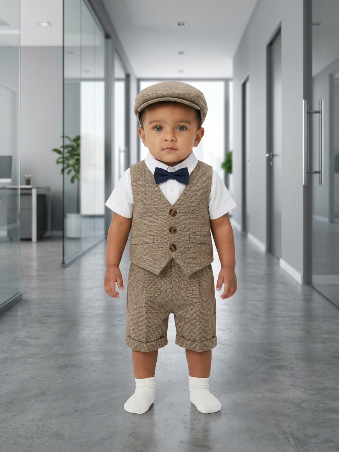 Conjunto de traje para bebé niño Biglilpeople: camisa con chaleco, pantalón con tirantes, gorra y pajarita clásica