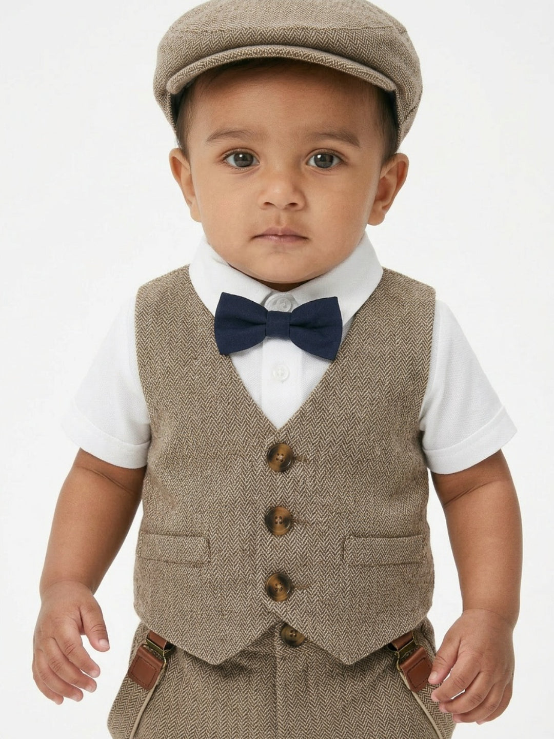 Conjunto de traje para bebé niño Biglilpeople: camisa con chaleco, pantalón con tirantes, gorra y pajarita clásica