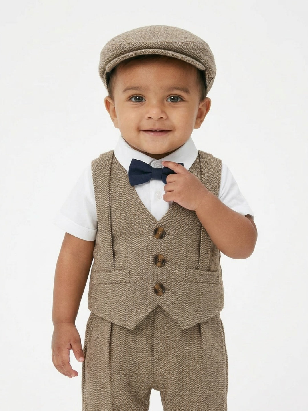 Conjunto de traje para bebé niño Biglilpeople: camisa con chaleco, pantalón con tirantes, gorra y pajarita clásica