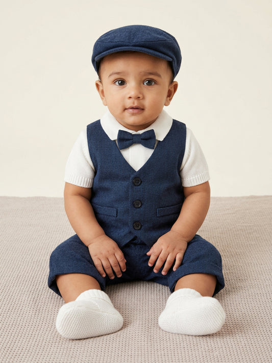 Biglilpeople Infant Boys Suit Set: Shirt with Waistcoat, Suspenders Pant, Cap & Classic Bow