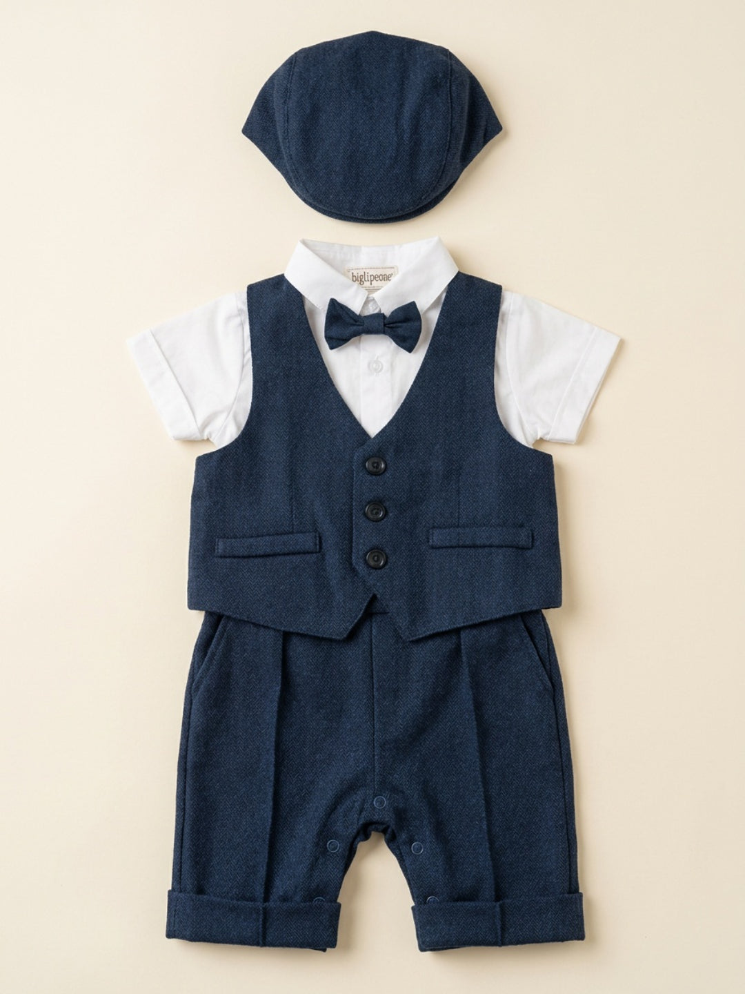 Conjunto de traje para bebé niño Biglilpeople: camisa con chaleco, pantalón con tirantes, gorra y pajarita clásica