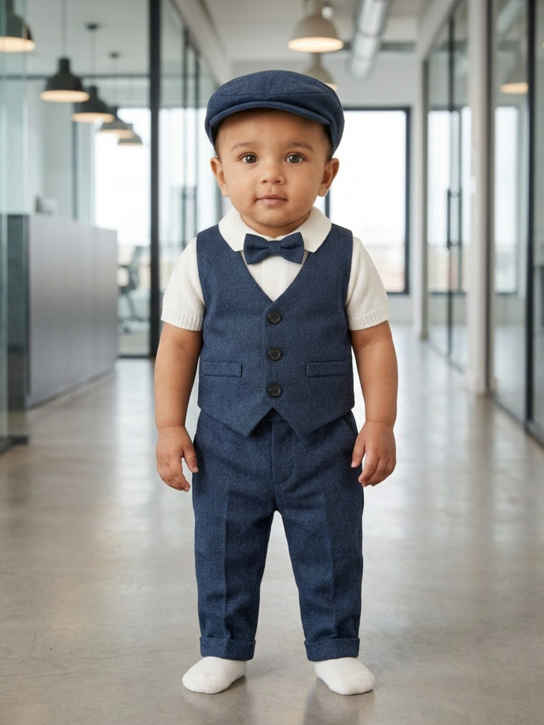 Conjunto de traje para bebé niño Biglilpeople: camisa con chaleco, pantalón con tirantes, gorra y pajarita clásica