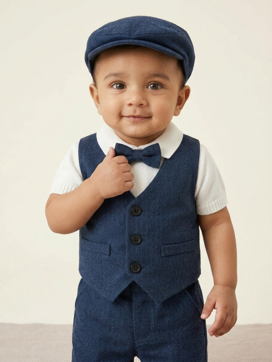 Conjunto de traje para bebé niño Biglilpeople: camisa con chaleco, pantalón con tirantes, gorra y pajarita clásica