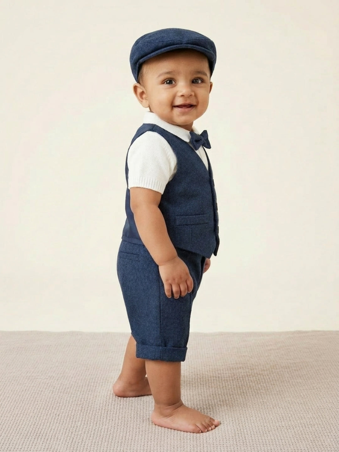 Conjunto de traje para bebé niño Biglilpeople: camisa con chaleco, pantalón con tirantes, gorra y pajarita clásica