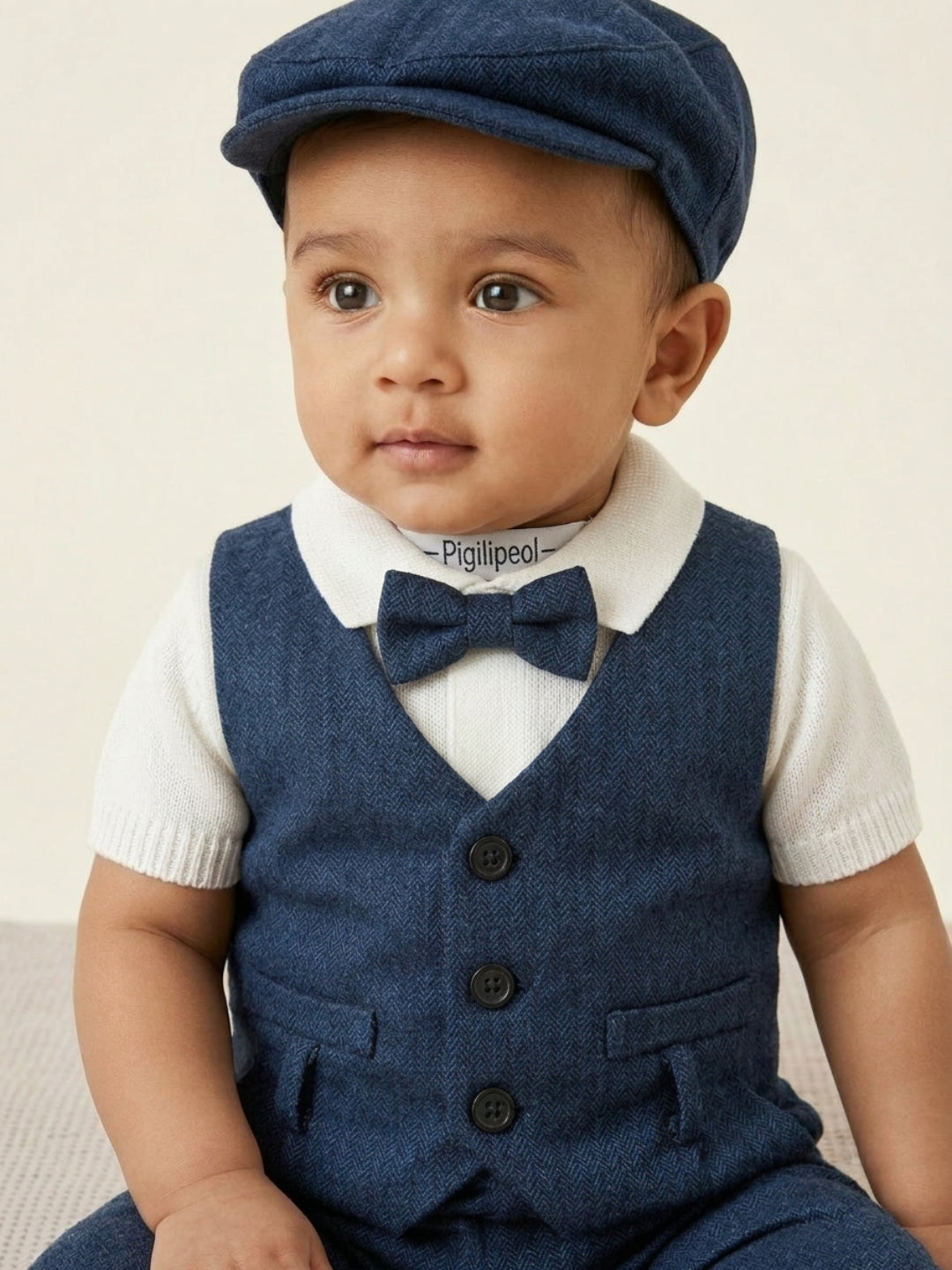 Conjunto de traje para bebé niño Biglilpeople: camisa con chaleco, pantalón con tirantes, gorra y pajarita clásica