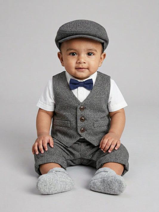 Biglilpeople Infant Boys Suit Set: Shirt with Waistcoat, Suspenders Pant, Cap & Classic Bow