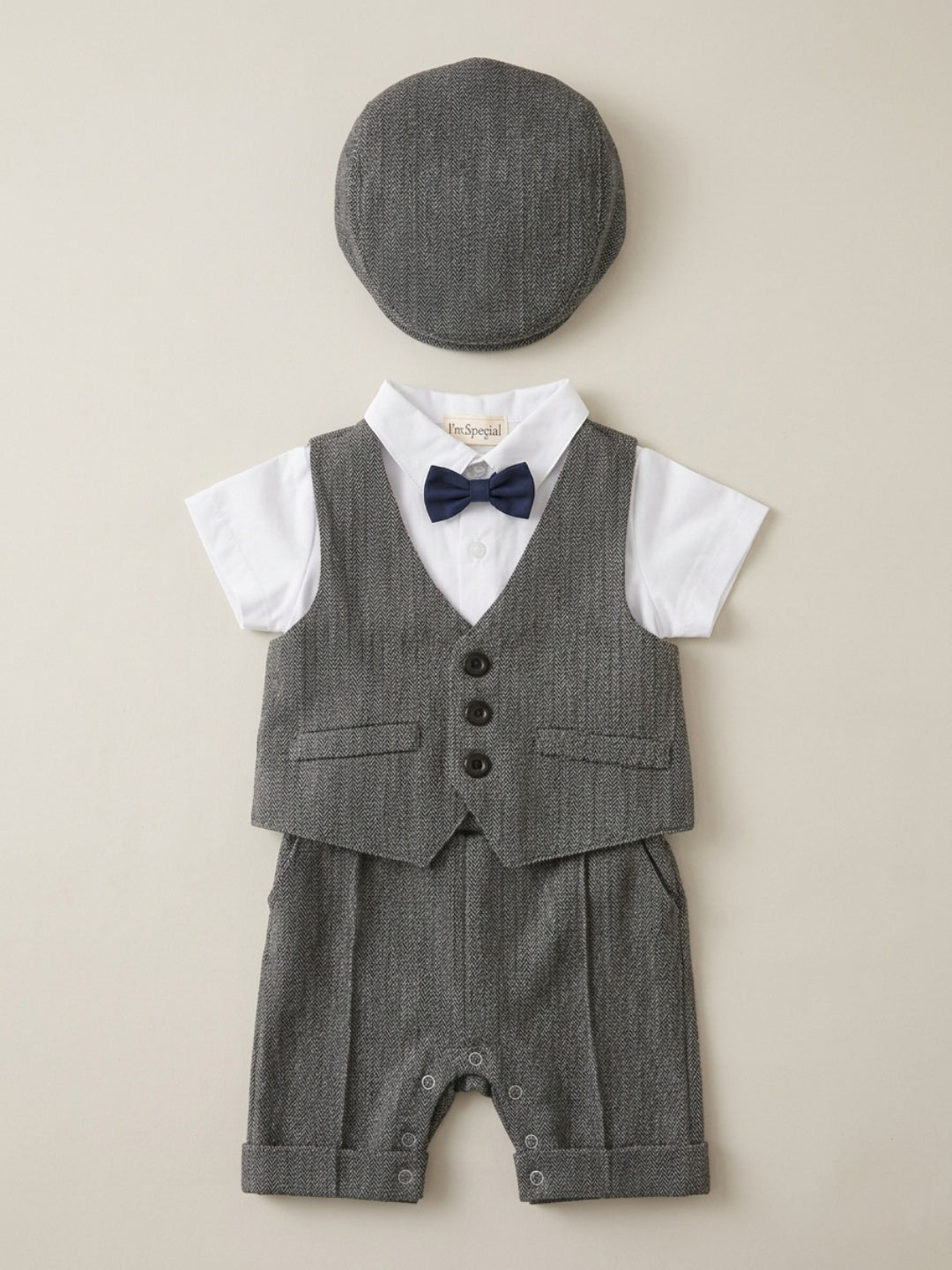 Conjunto de traje para bebé niño Biglilpeople: Camisa con chaleco, pantalón con tirantes, gorra y pajarita clásica