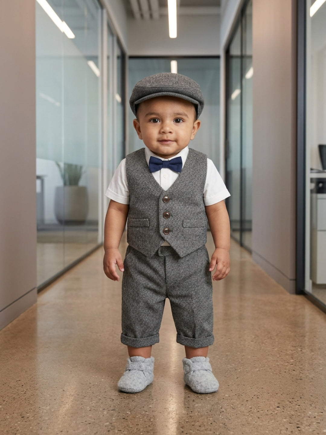 Conjunto de traje para bebé niño Biglilpeople: Camisa con chaleco, pantalón con tirantes, gorra y pajarita clásica