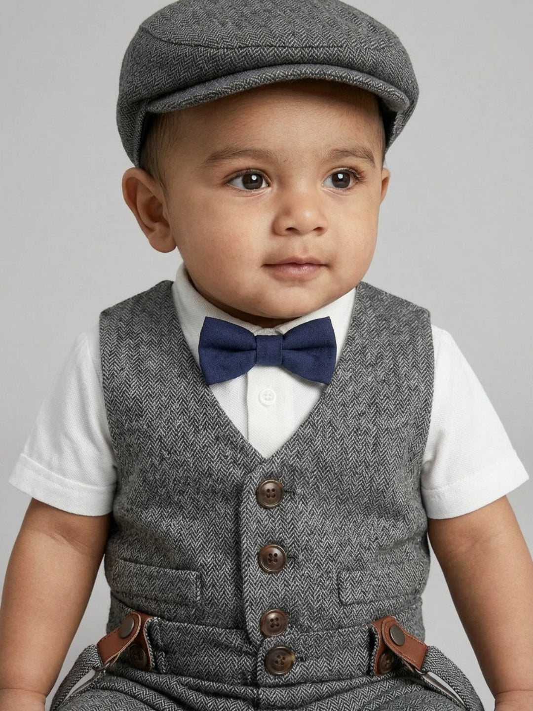 Conjunto de traje para bebé niño Biglilpeople: Camisa con chaleco, pantalón con tirantes, gorra y pajarita clásica