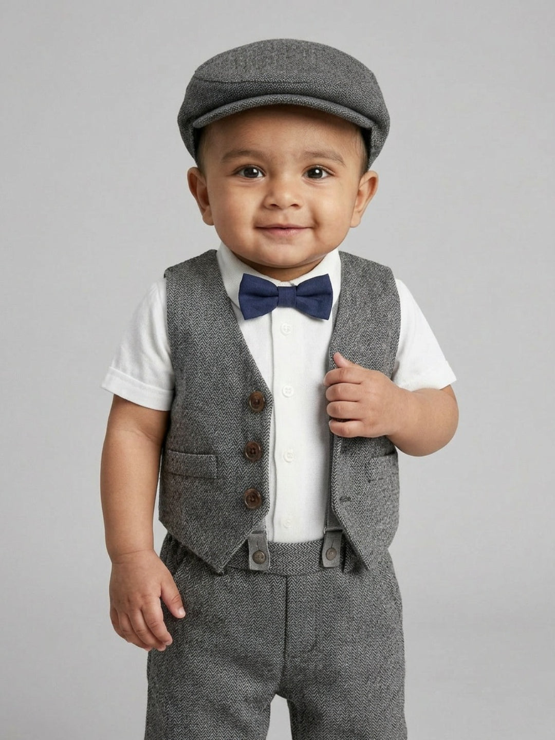 Conjunto de traje para bebé niño Biglilpeople: Camisa con chaleco, pantalón con tirantes, gorra y pajarita clásica