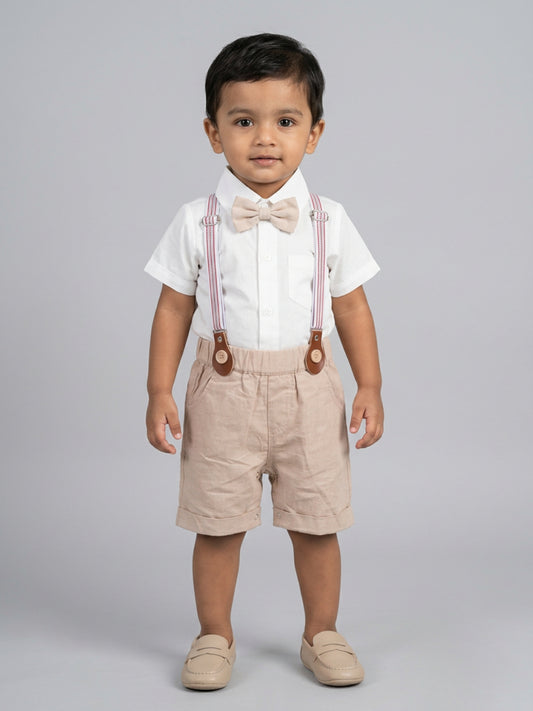 Biglilpeople Infant Boys White Shirt with Classic Bow Tie & Beige Shorts with Suspenders