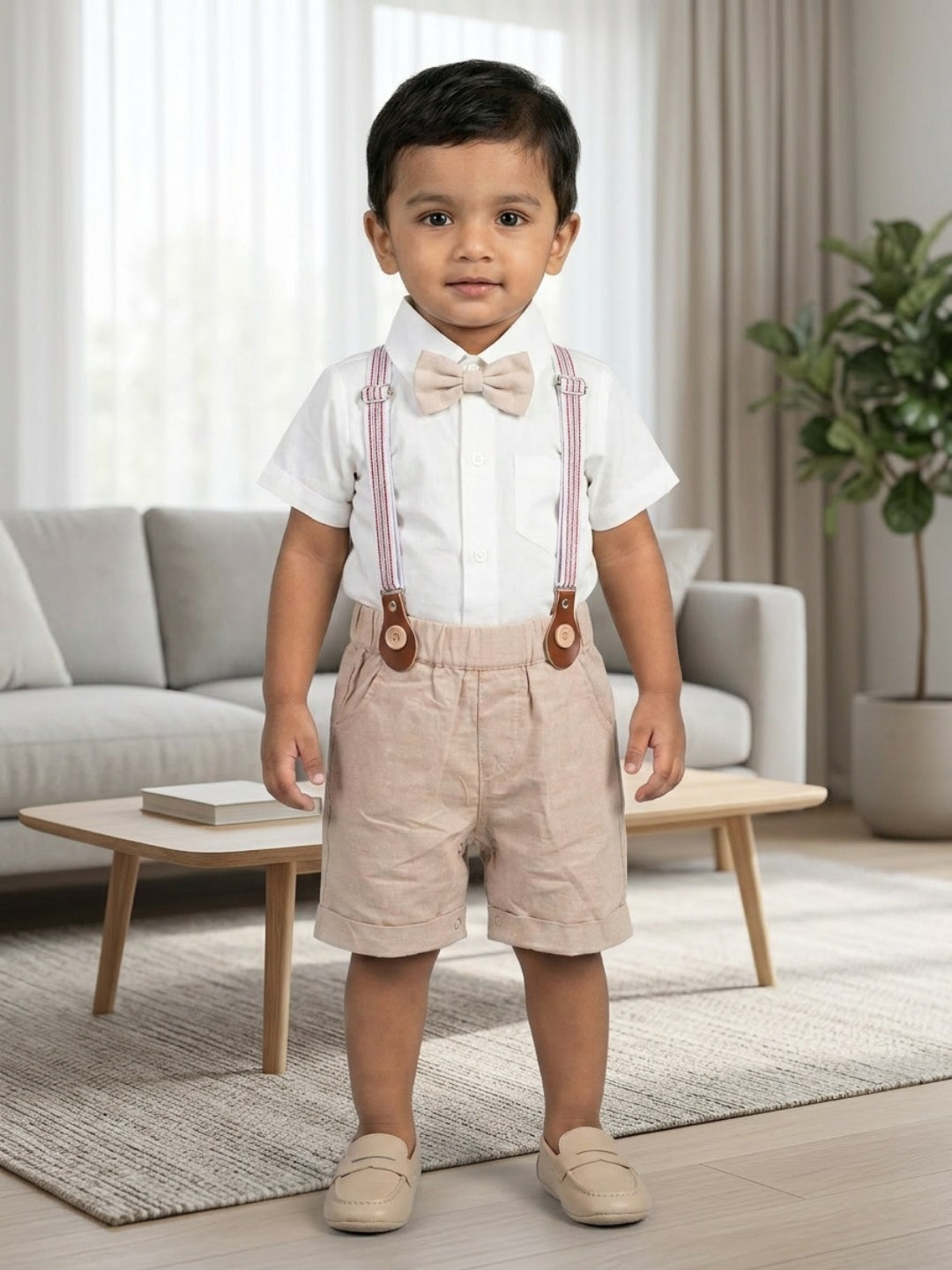 Biglilpeople Infant Boys White Shirt with Classic Bow Tie & Beige Shorts with Suspenders