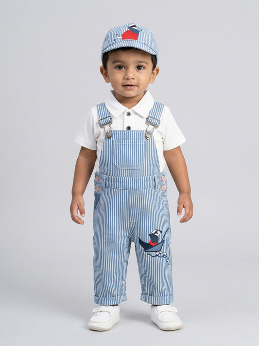 Biglilpeople Infant Boys White & Blue Shirt & Dungaree with Suspenders & Cap