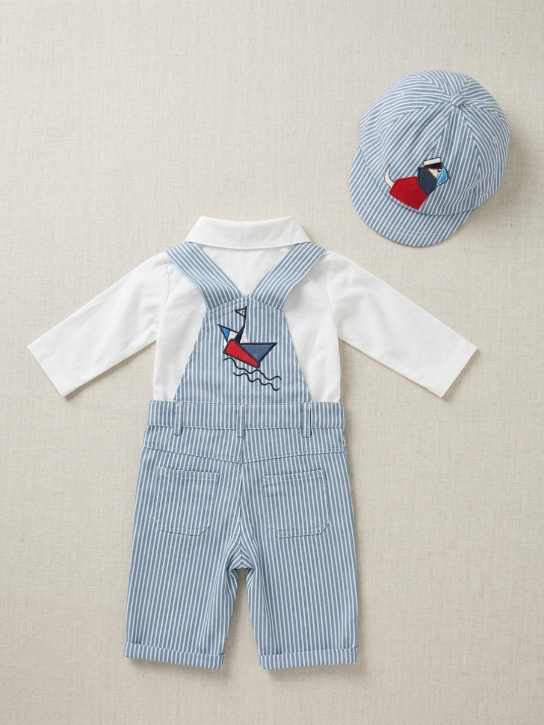 Biglilpeople Infant Boys White & Blue Shirt & Dungaree with Suspenders & Cap