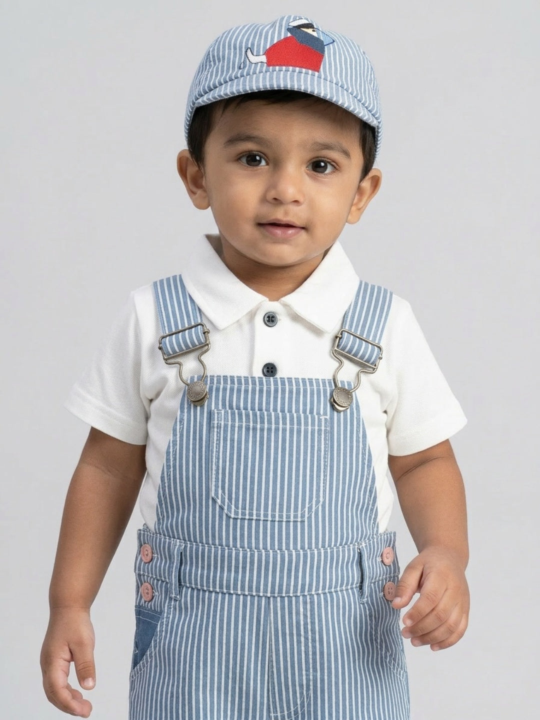 Biglilpeople Infant Boys White & Blue Shirt & Dungaree with Suspenders & Cap