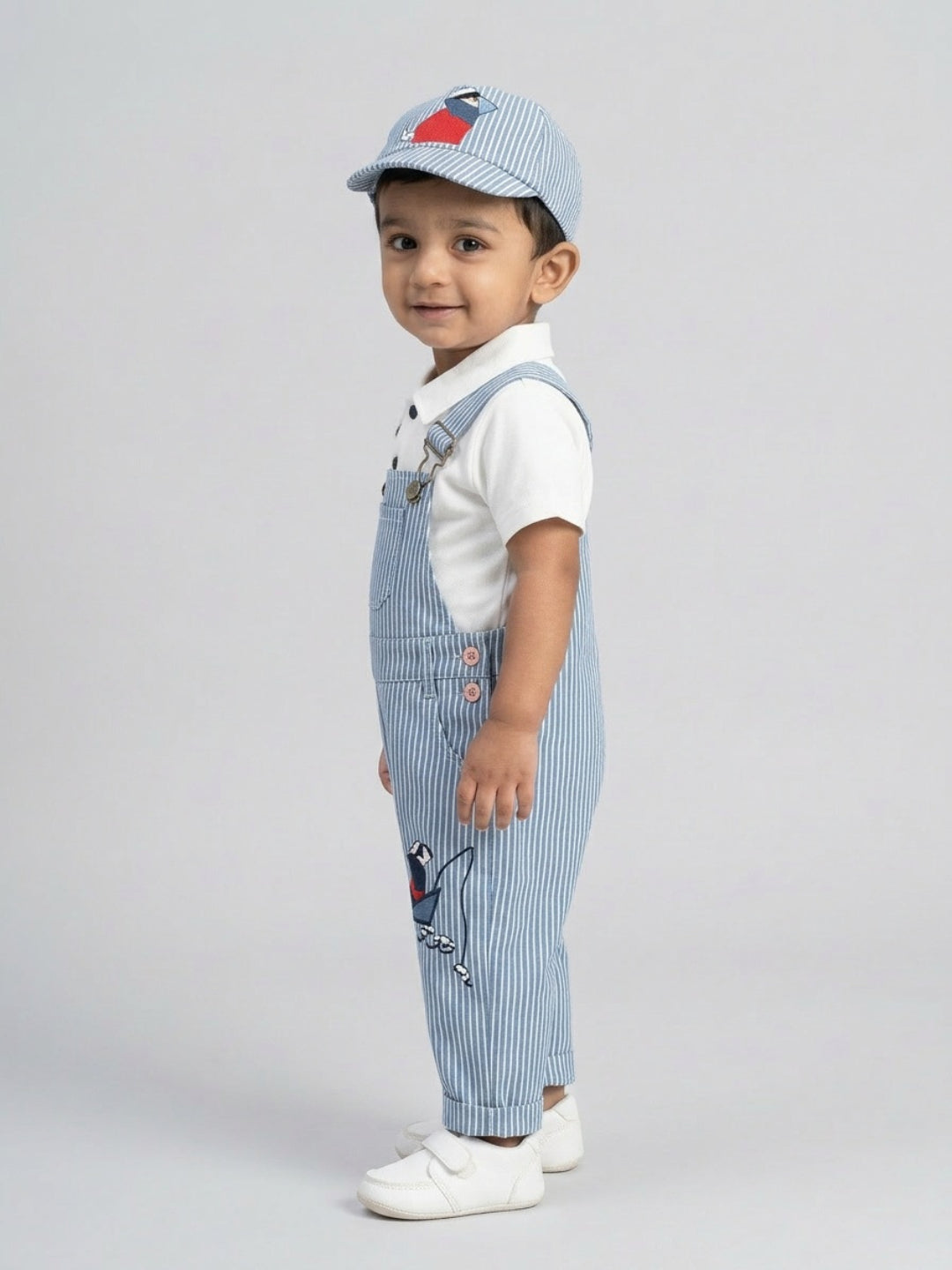 Biglilpeople Infant Boys White & Blue Shirt & Dungaree with Suspenders & Cap