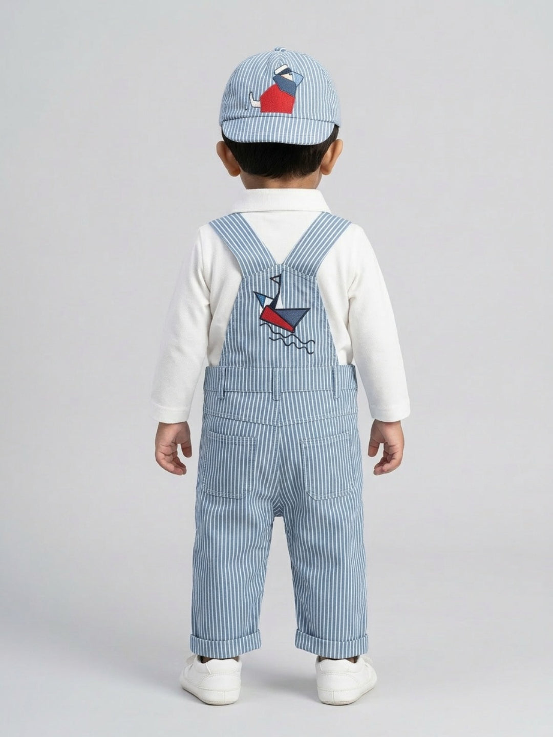 Biglilpeople Infant Boys White & Blue Shirt & Dungaree with Suspenders & Cap